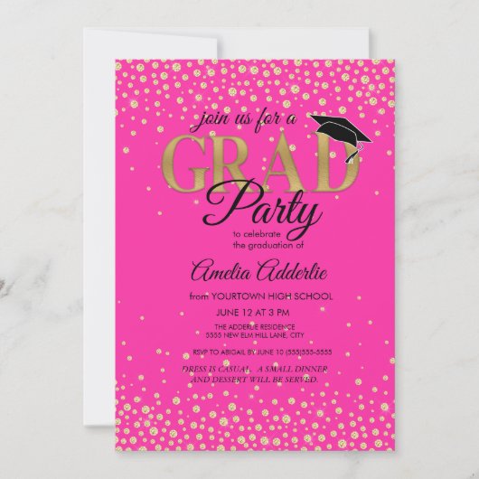 GraduPartij Hot Pink Black Gold Glitter Foto Kaart (Voorkant)