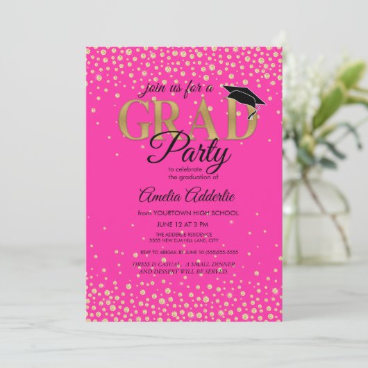 GraduPartij Hot Pink Black Gold Glitter Foto Kaart (Staand voorkant)