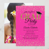 GraduPartij Hot Pink Black Gold Glitter Foto Kaart (Voorkant / Achterkant)
