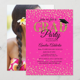 GraduPartij Hot Pink Black Gold Glitter Foto Kaart