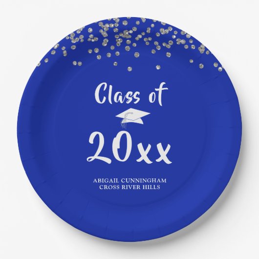 GraduPartij Klasse Royal Blue Silver Confetti Papieren Bordje (Voorkant)