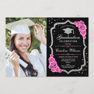 GraduPartij met foto - Black Silver Pink Kaart