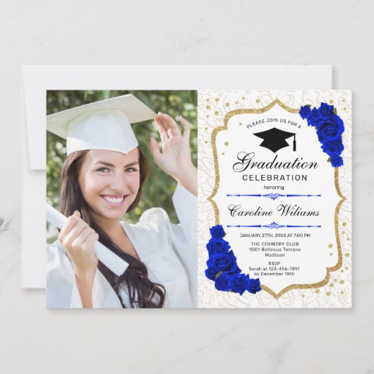 GraduPartij met foto - Gold Royal Blue Kaart (Voorkant)