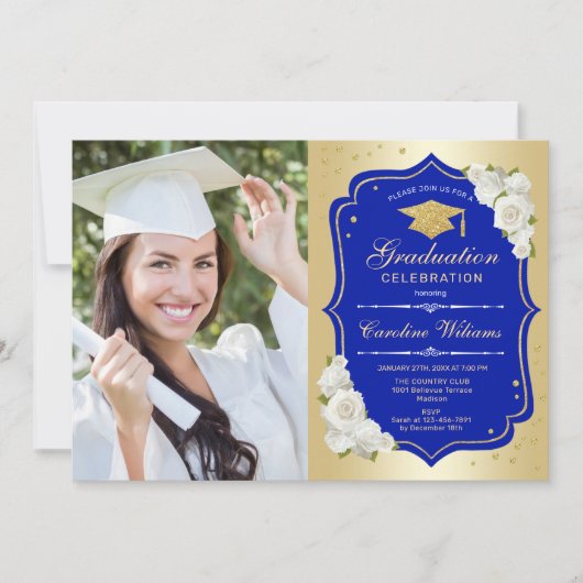 GraduPartij met foto - Gold Royal Blue Kaart (Voorkant)