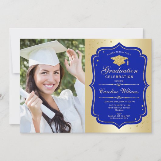 GraduPartij met foto - Gold Royal Blue Kaart (Voorkant)