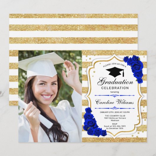GraduPartij met foto - Gold Royal Blue Kaart (Voorkant / Achterkant)