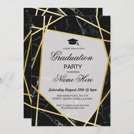 GraduPartij nodigt Elegant Black Marble Gold uit Kaart (Voorkant / Achterkant)