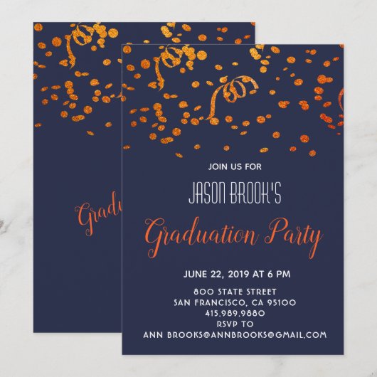 GraduPartij Oranje-goudConfetti op zwart Kaart (Voorkant / Achterkant)