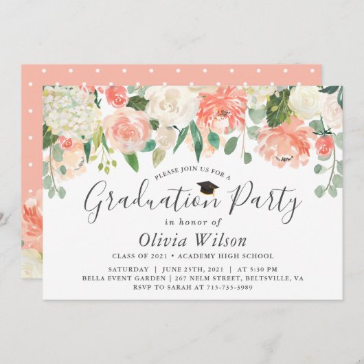 GraduPartij Oranje koraalperbloemen Kaart (Voorkant / Achterkant)