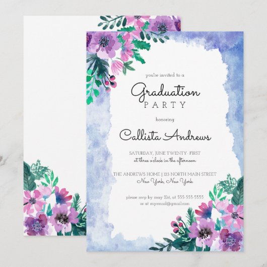 GraduPartij Paarse Blauwe Floral Waterverf Kaart (Voorkant / Achterkant)