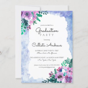 GraduPartij Paarse Blauwe Floral Waterverf Kaart