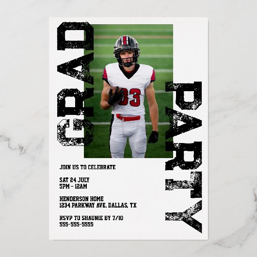 GraduPartij voor Varsity White en Gold Sports Folie Uitnodiging (Achterkant)