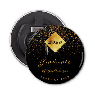 Graduparty afstuderen zwarte gouden confetti button flesopener