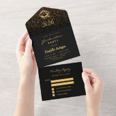 Graduparty Black gold confetti RSVP All In One Uitnodiging (Afscheurbaar)