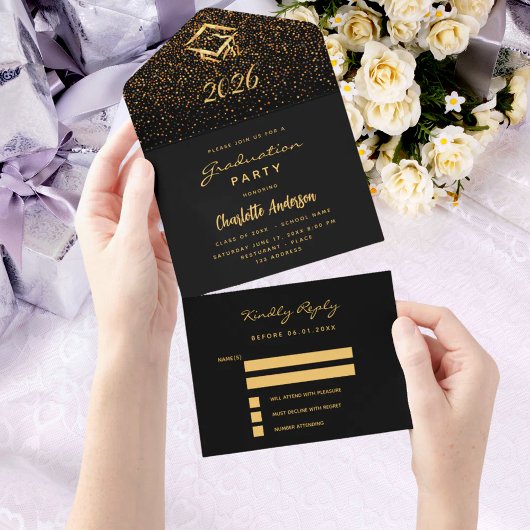 Graduparty Black gold confetti RSVP All In One Uitnodiging