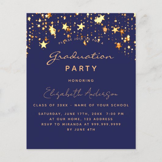 Graduparty blauwe gouden sterren budgetuitnodiging flyer (Voorkant)