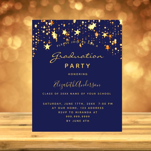 Graduparty blauwe gouden sterren budgetuitnodiging flyer