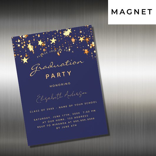 Graduparty blauwe gouden sterren luxe magnetisch magnetische uitnodiging