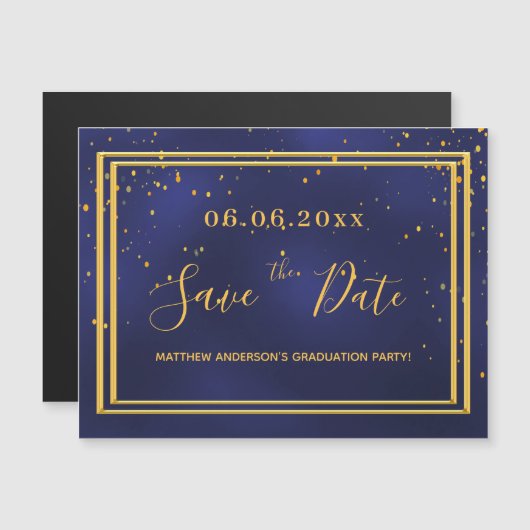 Graduparty blue gold met de datummagneet magnetische uitnodiging (Voorkant / Achterkant)