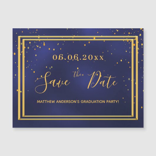 Graduparty blue gold met de datummagneet magnetische uitnodiging (Voorkant)