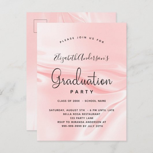 Graduparty blush roze satin rag uitnodiging briefkaart (Voorkant / Achterkant)