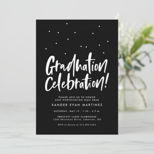 Graduparty drie foto zwarte witte confetti kaart (Staand voorkant)