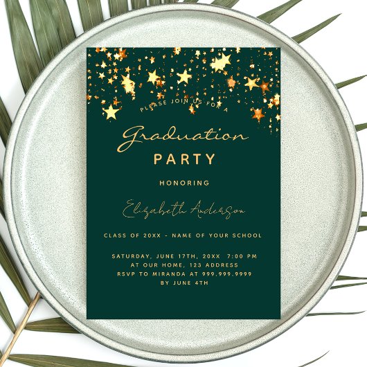 Graduparty emerald green gold luxe sterren kaart