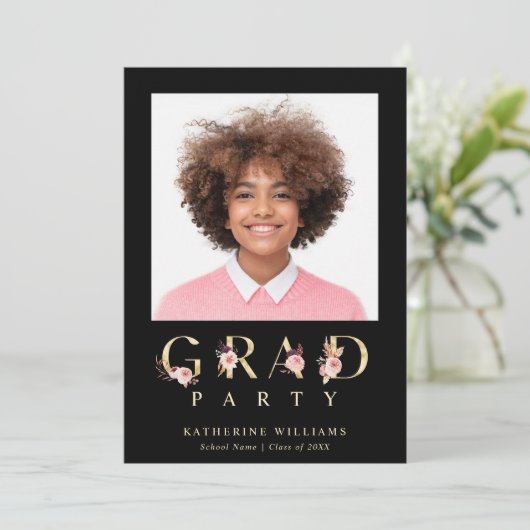 Graduparty Gold Floral Letters Foto Kaart (Staand voorkant)