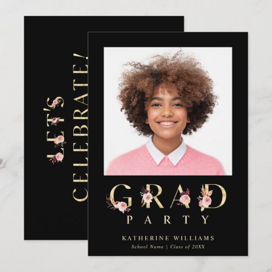 Graduparty Gold Floral Letters Foto Kaart (Voorkant / Achterkant)