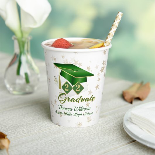 Graduparty Green & Gold Stars Paper Cup Papieren Bekers (Insitu)
