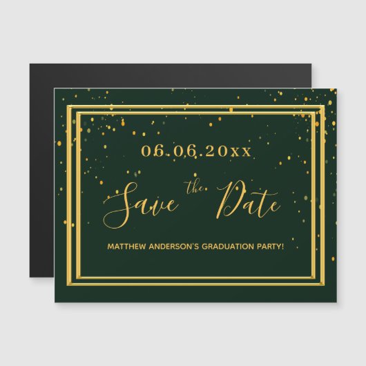 Graduparty groen goud met de datummagneet magnetische uitnodiging (Voorkant / Achterkant)