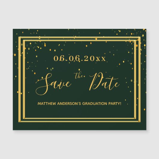 Graduparty groen goud met de datummagneet magnetische uitnodiging (Voorkant)
