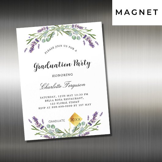 Graduparty lavender eucalyptus florale luxe magnetische uitnodiging