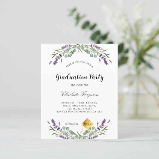 Graduparty lavender violet budget uitnodiging (Staand voorkant)