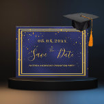 Graduparty marvy blue gold save the date<br><div class="desc">A Save the Date card for a Graduation Party party for a guy, man, man. Een blauw marineklein met gouden confetti en een faux gouden lijst. De blauwe kleur is ongelijk. Pas een datum en een naam aan en voeg deze toe. Gulden gekleurde letters. De tekst: Sparen de Datum wordt...</div>