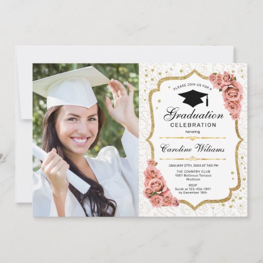 Graduparty met foto - Gold White Blush Kaart (Voorkant)