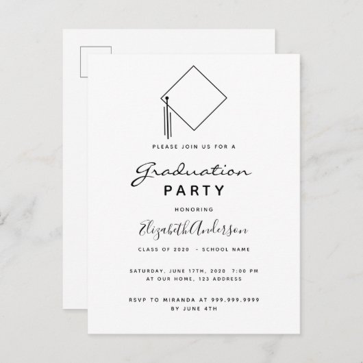 Graduparty moderne zwarte witte uitnodiging (Voorkant / Achterkant)