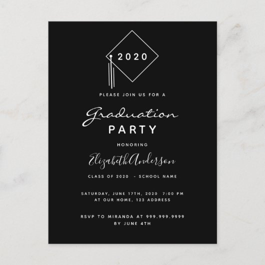 Graduparty moderne zwarte witte uitnodiging (Voorkant)