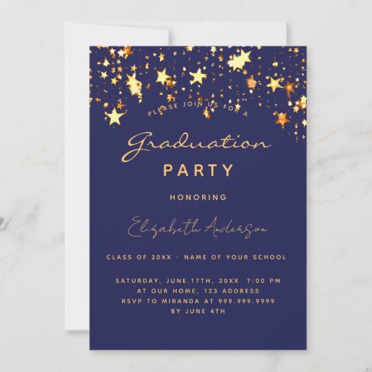 Graduparty navy blue gold sterren kaart (Voorkant)