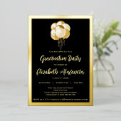 Graduparty over zwarte en gouden ballonnen folie uitnodiging (Staand Voorkant)