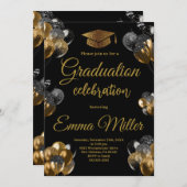 Graduparty over zwarte en gouden ballonnen kaart (Voorkant / Achterkant)