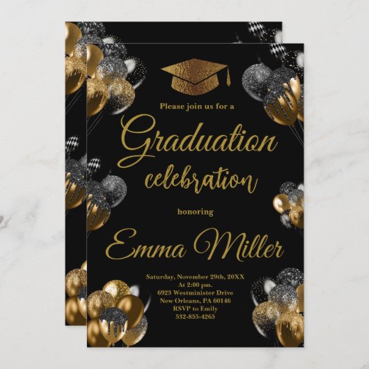 Graduparty over zwarte en gouden ballonnen kaart (Voorkant / Achterkant)
