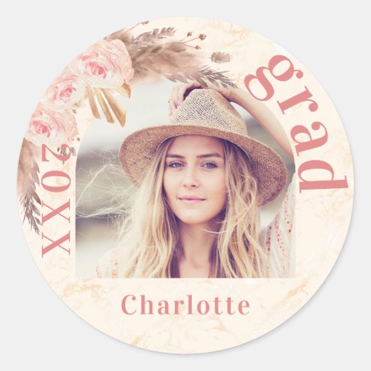 Graduparty pampas gras blush florals foto ronde sticker (Voorkant)