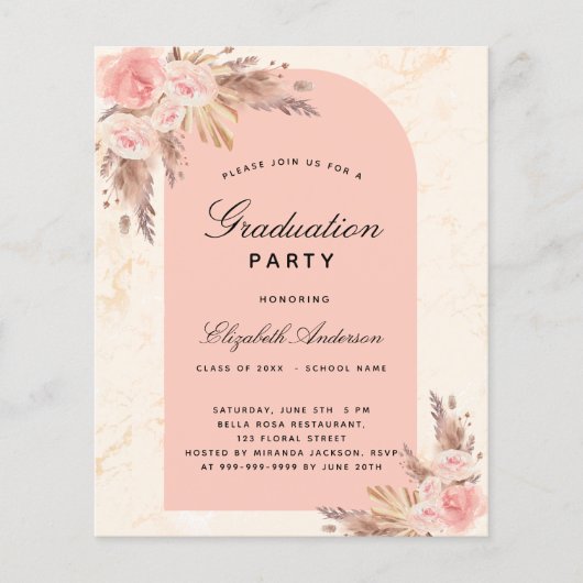 Graduparty pampas roos budget uitnodiging flyer (Voorkant)