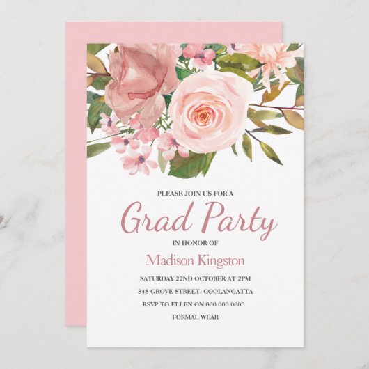 Graduparty roos Gold & Blush Flowers Kaart (Voorkant / Achterkant)