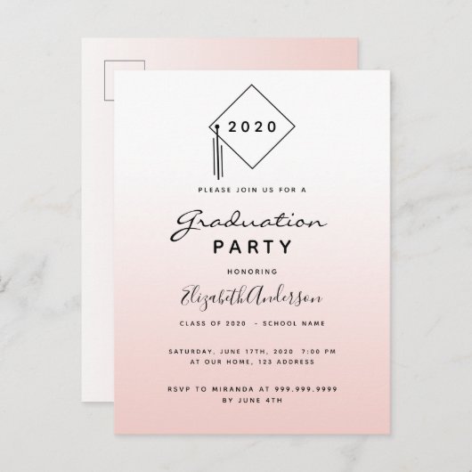 Graduparty roos goudbrij-uitnodiging briefkaart (Voorkant / Achterkant)