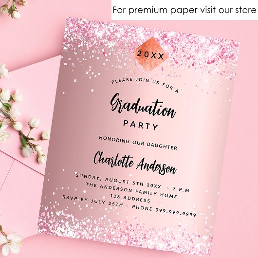 Graduparty roze glitter budget uitnodiging flyer