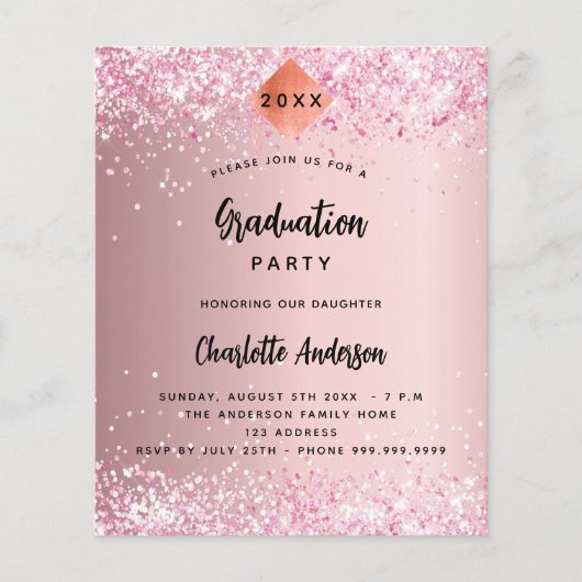 Graduparty roze glitter budget uitnodiging flyer (Voorkant)
