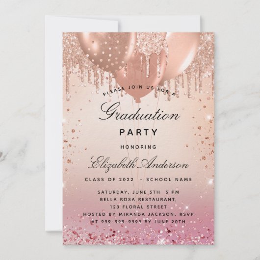 Graduparty roze roze roze goudballonnen luxe kaart (Voorkant)