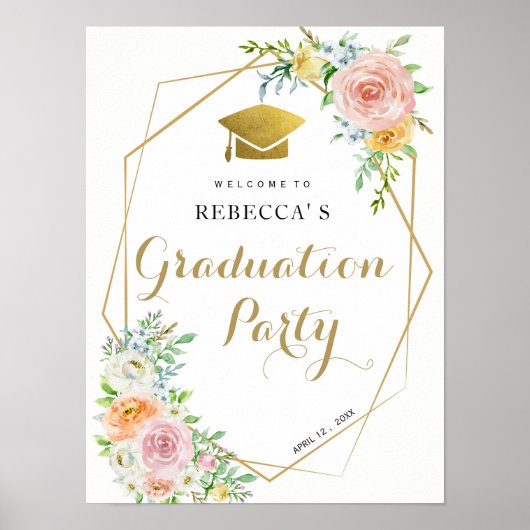 Graduparty welkomstteken floral and gold poster (Voorkant)
